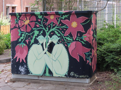 912986 Afbeelding van een in 2024 door Pam Werlotte beschilderd elektriciteitskastje op de Bokstraat te Utrecht, in het ...